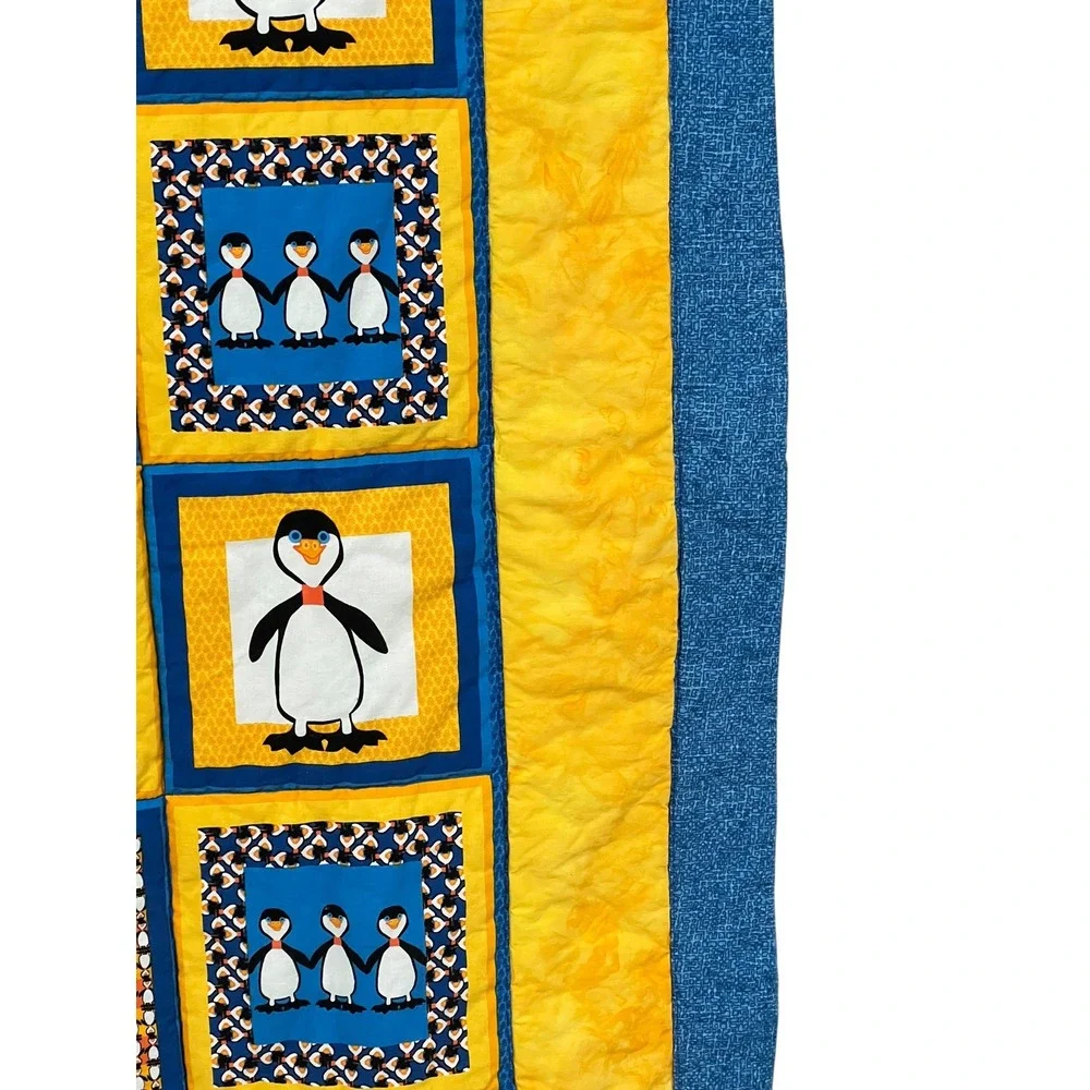 Handmade Penguin Baby Quilt 36x40 Blue Yellow Nursery Patchwork